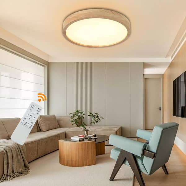 OUKANING 15.74 in. Log Color Wood Dimmable Flush Mount LED Ceiling