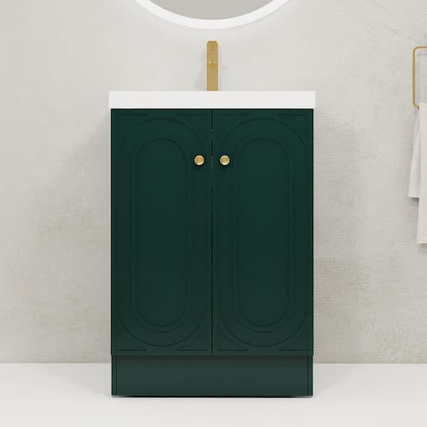 Ziyudura 24 in. Single Sink Freestanding Green Bath Vanity with White Resin Top, Adjustable Shelf, Customizable Metal Handles