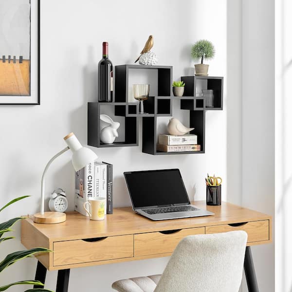 Decorotika Gama Computer Desk with Wall Cubby Shelf - Oud Oak & Black