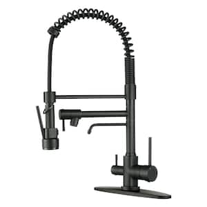 Double Handle 3-Spout Spring Pull Down Sprayer Kitchen Faucet with Lock in Matte Black