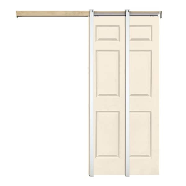 Beige 30 in. x 80 in. Painted Composite MDF 6PANEL Interior Sliding Door with Pocket Door Frame and Hardware Kit