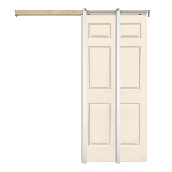 CALHOME Beige 36 in. x 80 in.  Painted Composite MDF 6PANEL Interior Sliding Door with Pocket Door Frame and Hardware Kit