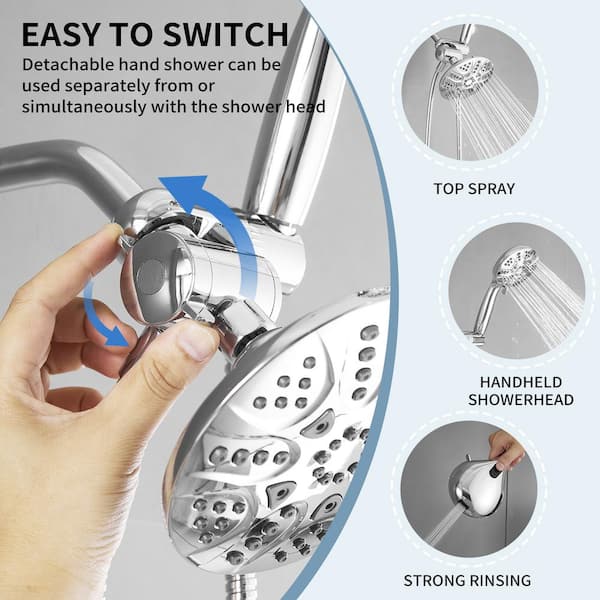 Dual-Function 2-in-1 Showerhead 6-Spray Wall Mount Handheld Shower Head 1.8 GPM in Polished Chrome