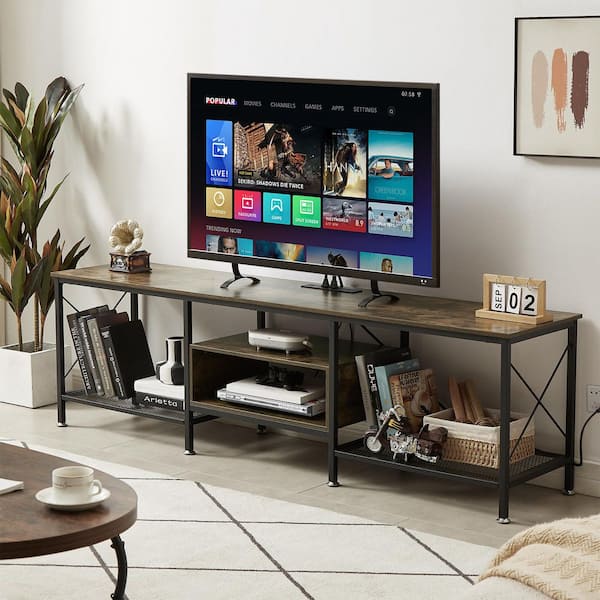 TV Stand with Power Outlets, Brown TV Console for 75 in. Industria Media Entertainment Center with Charging Station
