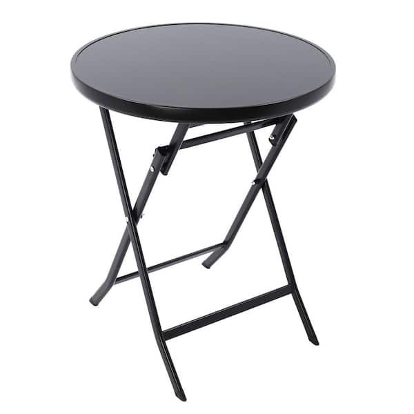 YIYIBYUS 23.6 in. Black Round Metal Outdoor Bistro Table with Tempered Glass Tabletop