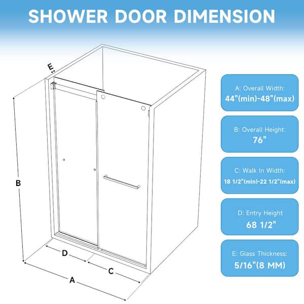 Batuso 44-48 in. W x 76 in. H Sliding Semi Frameless Shower Door