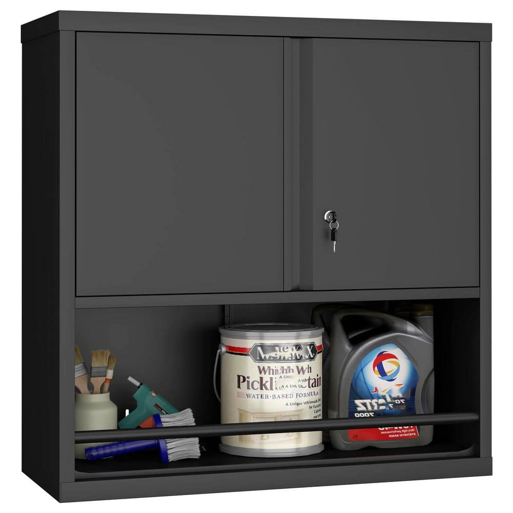 Black 25.08 in. H Metal Storage Cabinet Wall-Mounted Kitchen Pantry Cabinet with Adjustable Shelf, Lock