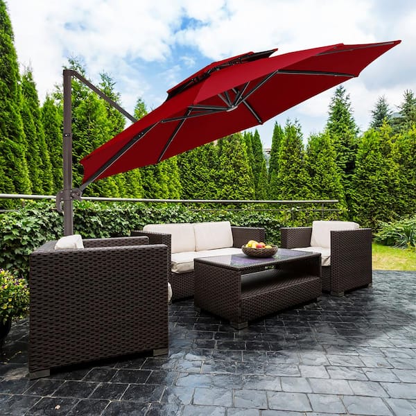 JEAREY 13 ft. Aluminum 360-Degree Rotation Cantilever Patio Umbrella with Cover in Red