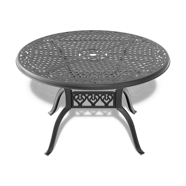 Oyezvary 48 in. Round Cast Aluminum Outdoor Dining Table with Umbrella Hole, Curved Lines, Various Pattern and Anti-Slip Foot Pad