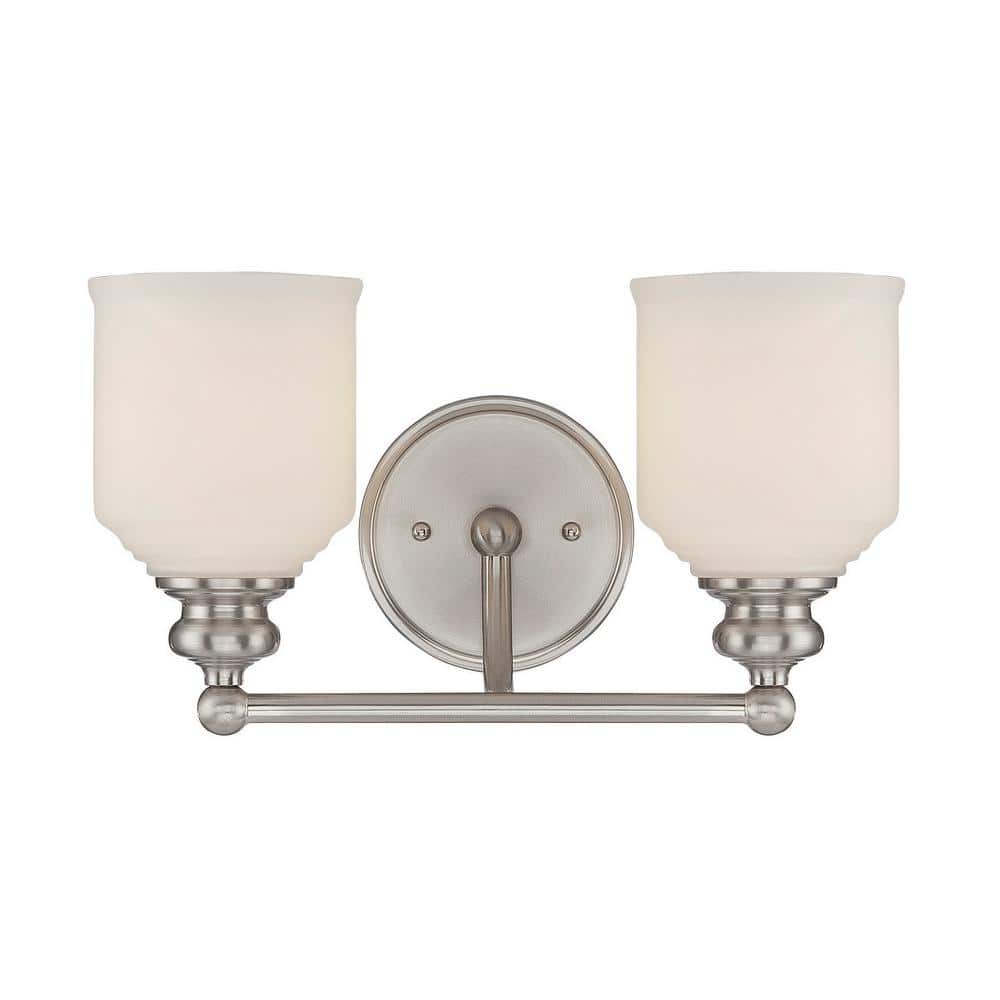 Melrose 14.5 in. W x 7.75 in. H 2-Light Satin Nickel Bathroom Vanity Light with White Glass Shades price history on PriceWatchPro