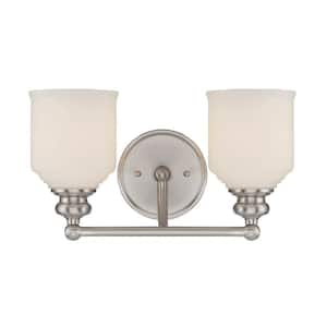 Melrose 14.5 in. W x 7.75 in. H 2-Light Satin Nickel Bathroom Vanity Light with White Glass Shades