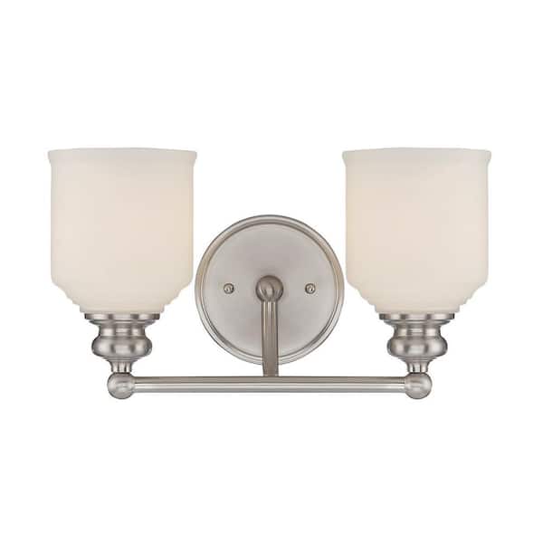 Savoy House Melrose 14.5 in. W x 7.75 in. H 2-Light Satin Nickel Bathroom Vanity Light with White Glass Shades