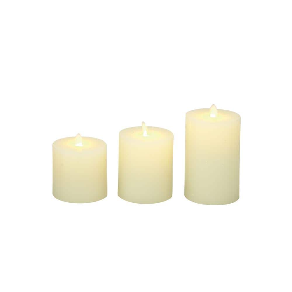  Milky Beige Flameless Wax Round with Flat Top Pillar Candles (Set of 3)