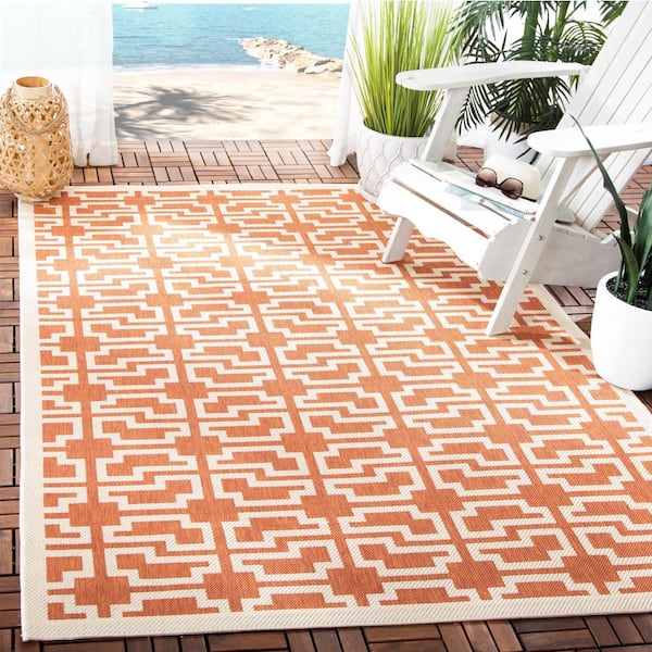 Courtyard Terracotta/Beige 4 ft. x 6 ft. Border Indoor/Outdoor Patio  Area Rug