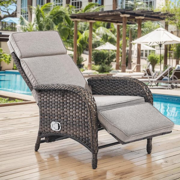 Flat Armrest Series Brown Wicker Outdoor Versatile Outdoor Recliner Chair for Patio with CushionGuard Beige Cushions