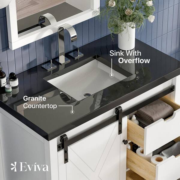 Eviva Dallas 36 in. W x 22 in. D x 34 in. H Bath Vanity in White with Black Granite Top with Black Sink