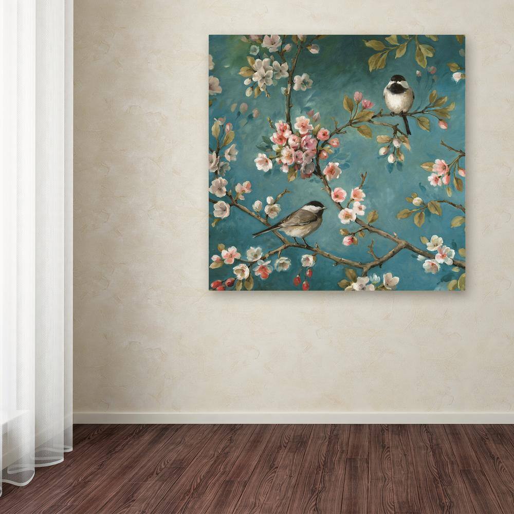 Blossom I Crop Floral Canvas Painting in Blue and Pink