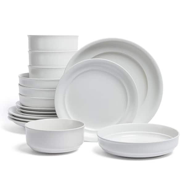 Over and Back Rimmed 16-Piece Semi-Matte White Hand-Finished Stoneware Dinnerware Set, Service for 4