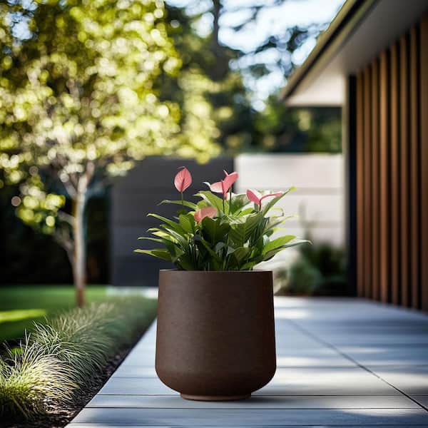 Morrava 15.5 in. Large Earthy Brown Concrete Round Planter / Pot with Drainage holes