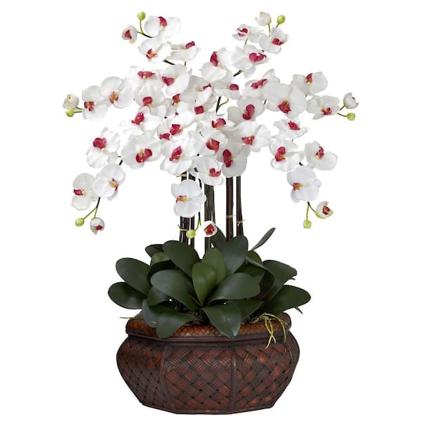 Nearly Natural 30 in. Artificial H White Large Phalaenopsis Silk Flower Arrangement