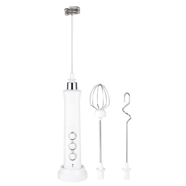 3 in 1 Handheld Milk Frother Foam Maker with Stand and 3 Stainless Steel Whisks White
