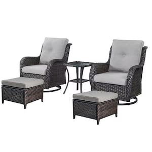 Brown 5-Piece Wicker Patio Conversation Deep Seating Set and Ottoman with Gray Cushions