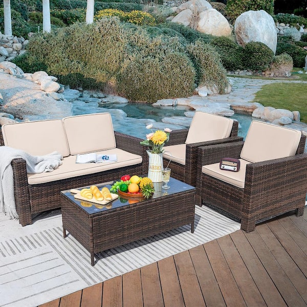 Tozey Black 4-Pieces PE Wicker Patio Conversation Set, Outdoor Couch Sectional Set with Glass Table, Beige Cushions