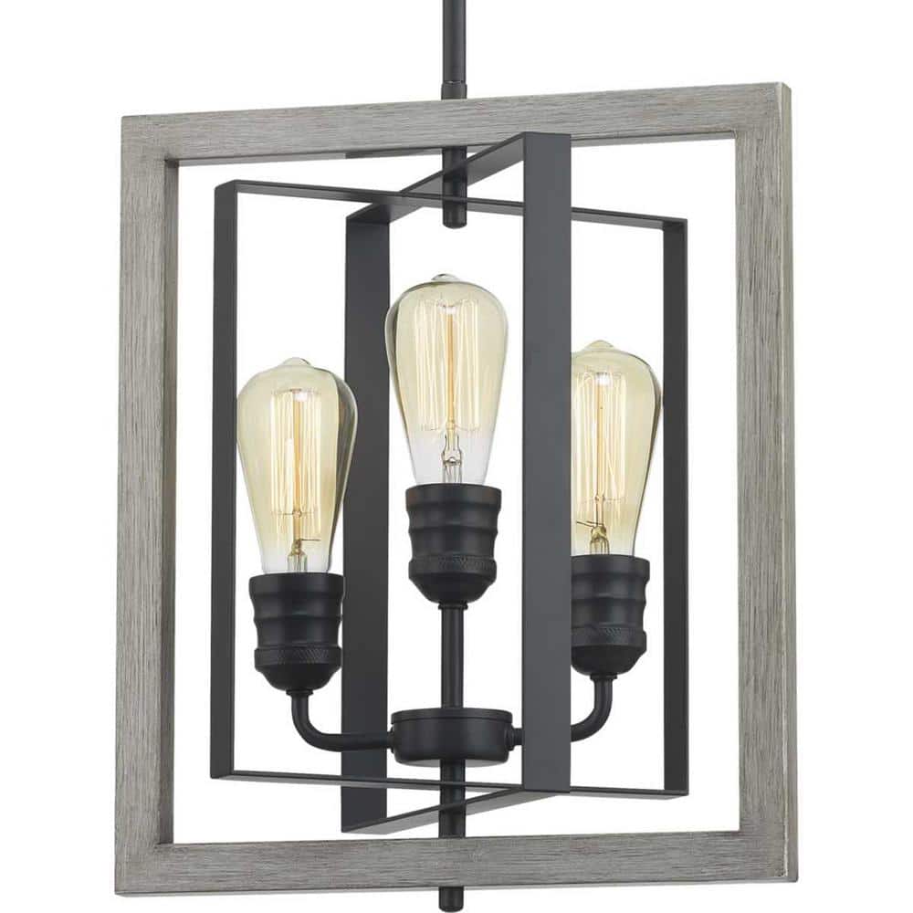 Palermo Grove 3-Light Graphite Rectangular Pendant Hanging Light with Oak A