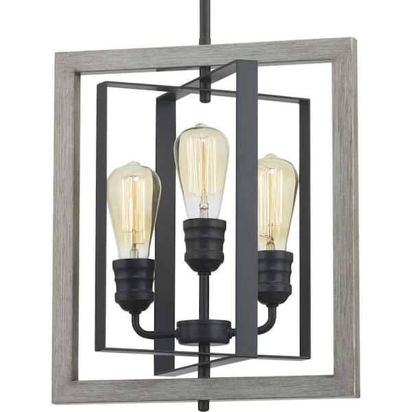 Home Decorators Collection Palermo Grove 3-Light Graphite Rectangular Pendant Hanging Light with Oak Accents, Rustic Farmhouse Kitchen Lighting