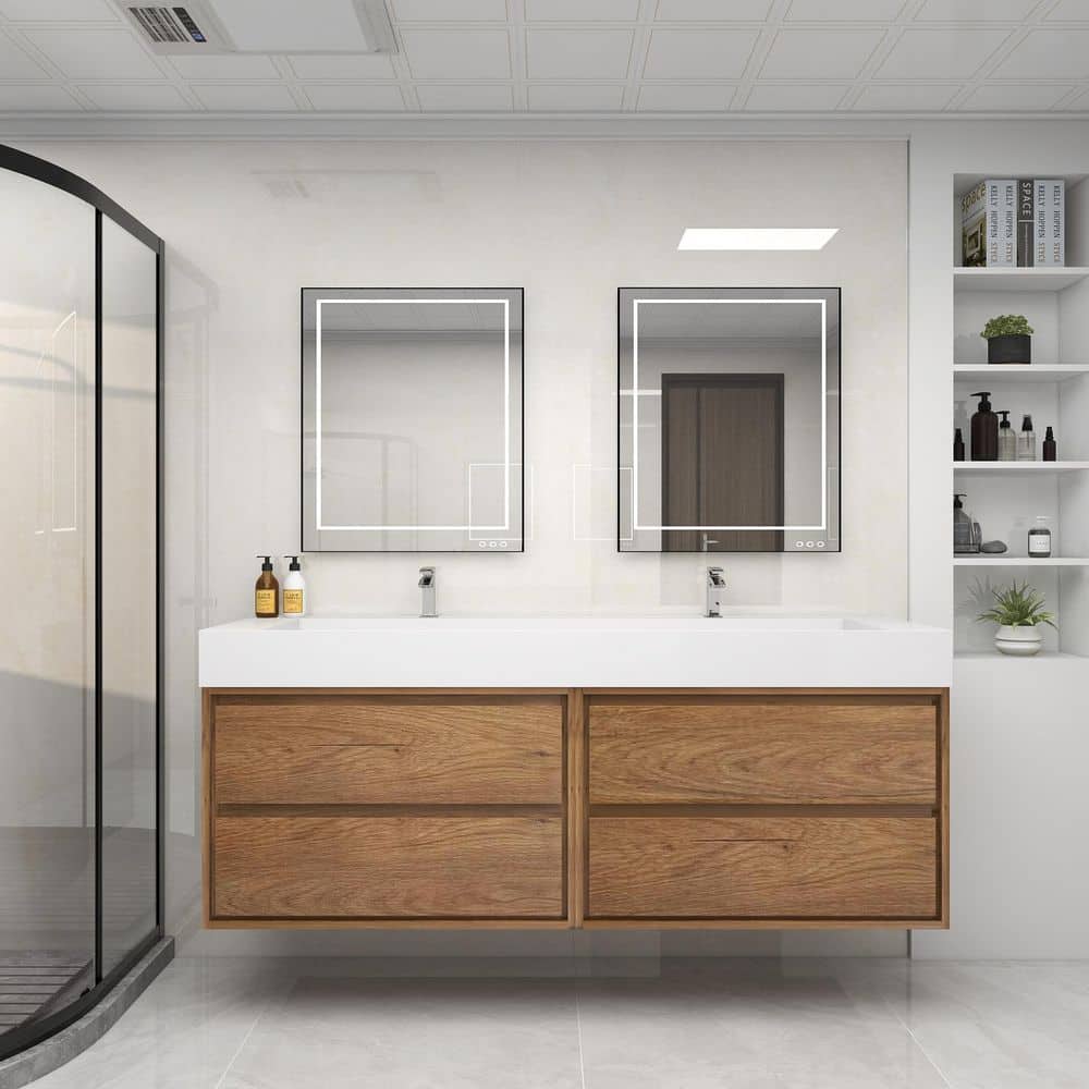 Saggie 71 in. W. x 20 in. D x 28 in. H Double Sink Floating Bath Double Vanity in Teak Oak with White Acrylic Top price history on PriceWatchPro