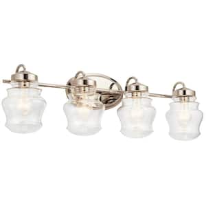 Janiel 33.25 in. 4-Light Polished Nickel Vintage Bathroom Vanity Light with Clear Glass Shade