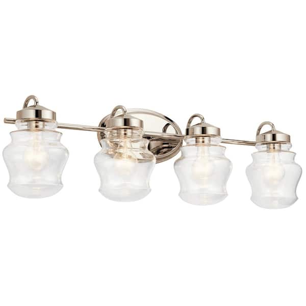 KICHLER Janiel 33.25 in. 4-Light Polished Nickel Vintage Bathroom Vanity Light with Clear Glass Shade