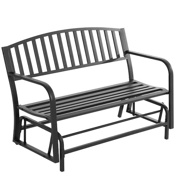 Unbranded Patio Outdoor Glider Bench 51 in. Black Metal Outdoor Bench with Armrests, Slatted Seat, Backrest Loveseat Swing Chair