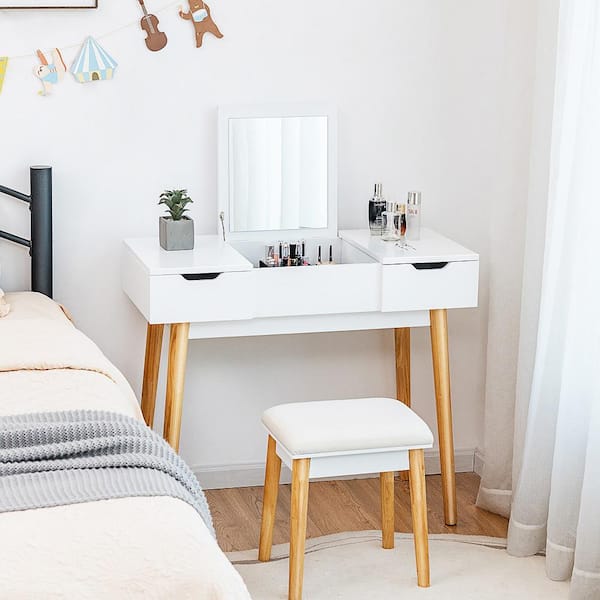 White Armoire Vanity Table Set with Flip Top Mirror Drawers 9-Dividers Makeup Writing Desk 30 in. x 35.5 in. x 16 in.