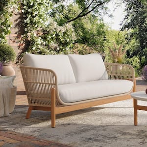 New Classic Furniture Solstice Wood Outdoor Loveseat with Beige Cushions