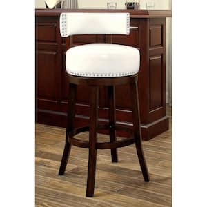 Swarthmore 30 in. Dark Oak and White Faux Leather Low Back Wood Swivel Bar Stool with Nailhead Trim (Set of 2)