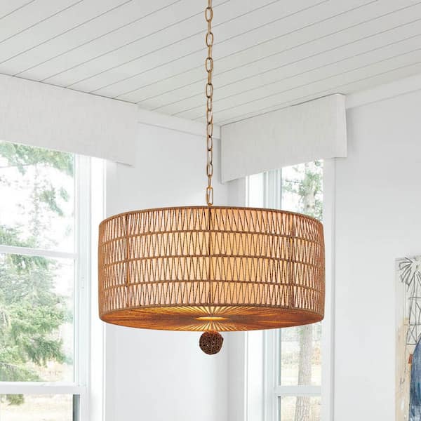 5-Light Gold Pendant Light with Woven Natural Paper Shade
