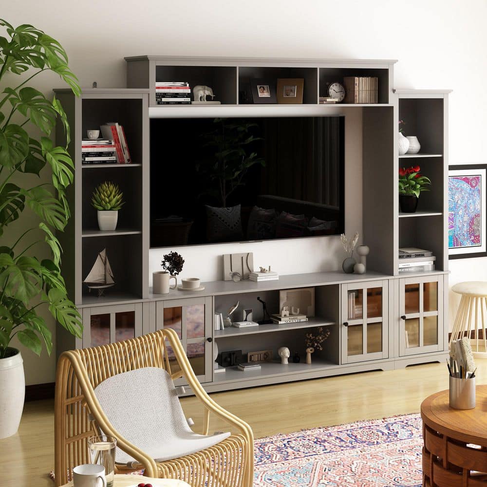Gray Wood TV Stand Fits TV's up to 75 in. with Top Open Shelves, Bookcase and Tempered Glass Door Cabinet