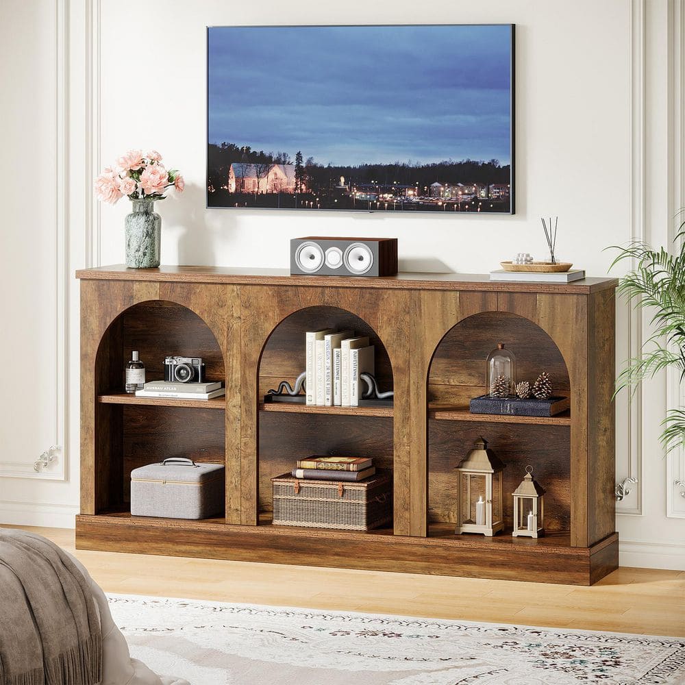 BYBLIGHT Ezlynn Brown TV Stand Entertainment Center Fits TVs up to 50 to 65 in. with 3 Tier Storage for Home Living Room Bedroom BB-JW0910YQ - The Home Depot
