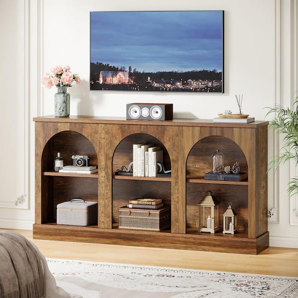 BYBLIGHT Ezlynn Brown TV Stand Entertainment Center Fits TVs up to 50 to 65 in. with 3 Tier Storage for Home Living Room Bedroom