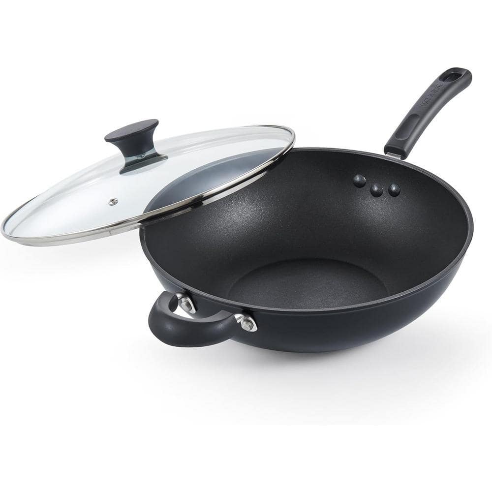 Basic 12'' Hard Anodized Nonstick Wok w/ Lid,Large Stir-Fry Pan,Deep Flat,Everyday Chef Saute Skillet, Induction, Black