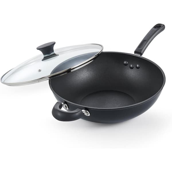 12 in. Hard Anodized Aluminum Nonstick Wok Pan with Lid, Induction Compatible