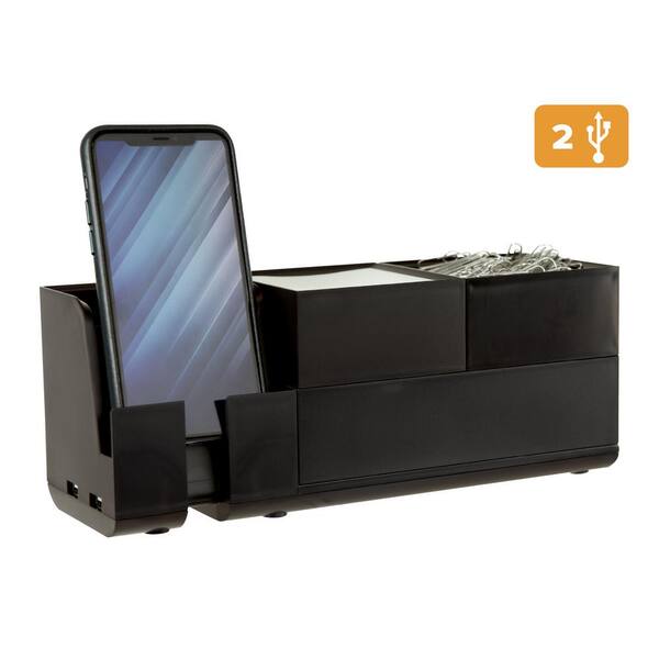 American Art Decor Black All-In-One USB Charging Desk Organizer Caddy