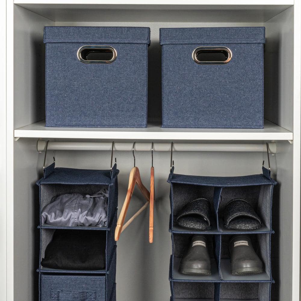 Denim Blue Cotton Blend Collapsible Cube Storage Box with Metal Handles