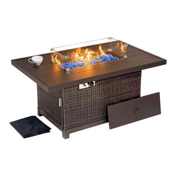 Kinger Home Novi 52 in. Rattan Wicker Propane Gas Outdoor Fire Pit Table in Brown with Aluminum Frame