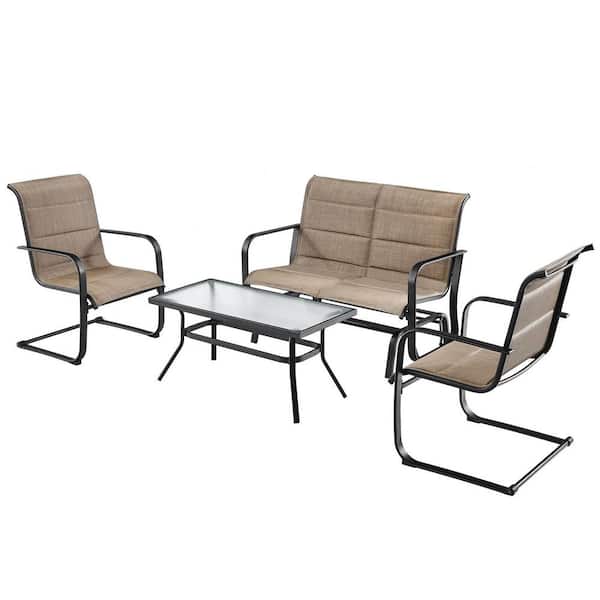 Gymax 4 Piece Metal Steel Patio Conversation Set Cotton Padded Furniture Set w/Swing Glider Loveseat