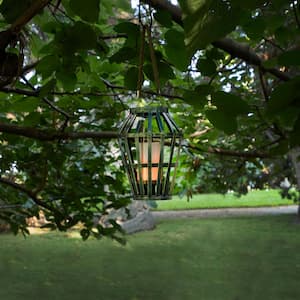 10 in. Tall Outdoor Rustic Solar Powered Metal Lantern with Flickering LED Lights, Gray