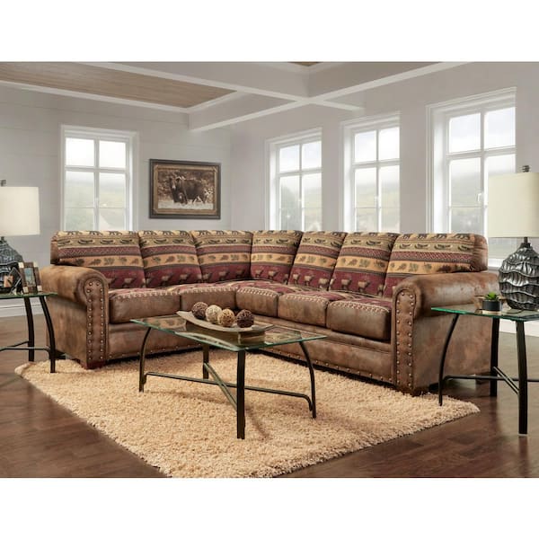 Sierra Lodge 115 in. W Rolled Arm 2-piece Microfiber L-Shaped Sectional Sofa in Brown Pinto with Sierra Lodge Tapestry