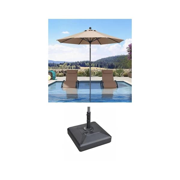 9 ft. Taupe Aluminum Crank and Tilt Market Umbrella and 115 lbs. Black Umbrella Base