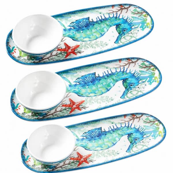 6-Piece Coastal Melamine Chip and Dip Serving Set with 15 Inch Platters and 4.75 Inch Bowls Sea Turtle